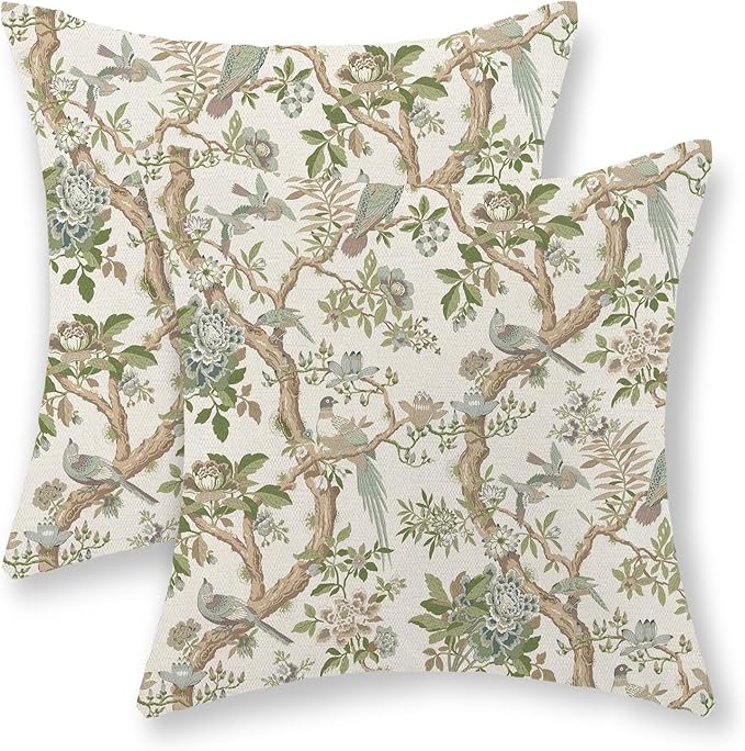 Green Floral Bird Pillow Covers 24x24 Set of 2 Chinoiserie Throw Pillows Green Vintage Flowers Bird Decorative Pillow Cases Outdoor Chinoiserie Decor Farmhouse Cushion Case for Couch Sofa