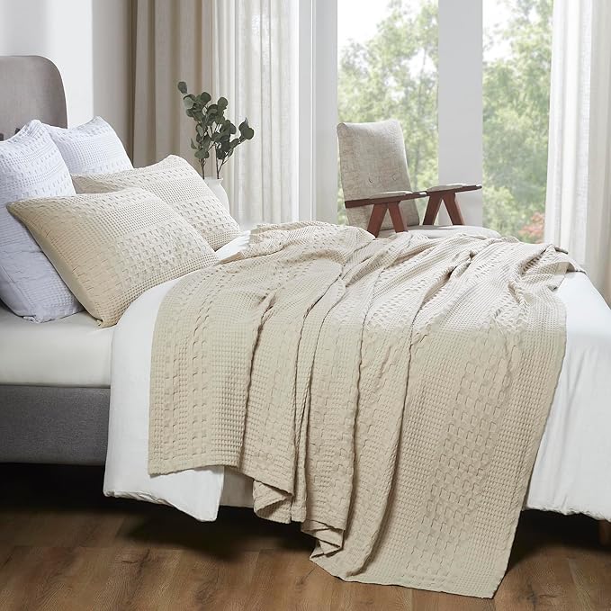 VHC Brands 100% Cotton Waffle Weave Queen Blanket 90"x90", Decorative Lightweight Spring and Summer Throw Blanket, Bedroom Decor for Bed, Couch, or Sofa, Natural