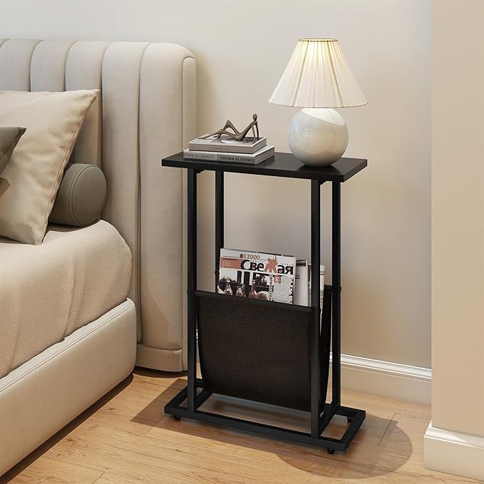 Narrow Side Table for Small Place,Metal Table with PU Leather Bag,Slim Nightstand for Reading Or Storage,Sofa Side Table for Living Room,Bedroom,Black