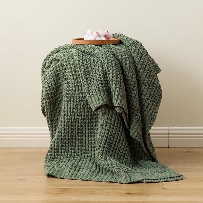 Bunnikins & Clover Knitted Waffle Throw Blanket 50x60 Inches, Sage Green Throw Blanket for Couch, Soft Cozy Chenille Knit Blanket Warm Decorative Throw for Sofa