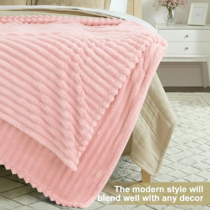 decorUhome Valentines Soft Fleece Pink Throw Blanket for Couch, Cozy Fluffy Plush Flannel Striped Blanket for Sofa Bed, Lightweight Decorative Ribbed Fuzzy Blanket for Woman, 50x60 Inches