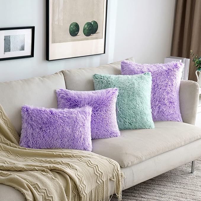 MIULEE Pack of 2 Ultra Soft Fluffy Throw Pillow Covers Decorative Plush Shaggy Double-Sided Faux Fur Winter Pillow Cases Cushions Covers for Cute Sofa Bedroom Car 16x16 Inch Purple Ombre