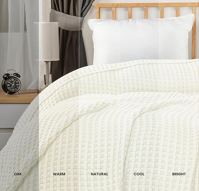 Utopia Bedding Ivory 100% Cotton Waffle Blanket 300 GSM [Queen - 90x90 Inch] Soft Lightweight Breathable Bed Blanket for All Season