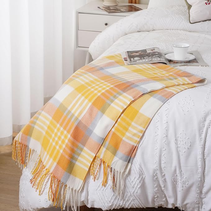 BATTILO HOME Yellow Plaid Throw Blanket for Couch - Plaid Throw Blanket Buffalo Plaid Blankets - Lightweight Farmhouse Outdoor Spring Summer Throw Blankets for Bed, Sofa (50"x60")