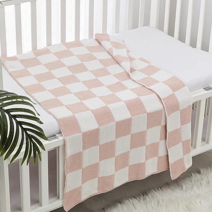 CREVENT 2Pcs 30''X40'' Cute Cozy Fluffy Warm Baby Blankets for Infants Toddlers' Bedding Crib Cot Stroller - Grey Cloud + Knit Checked Pink