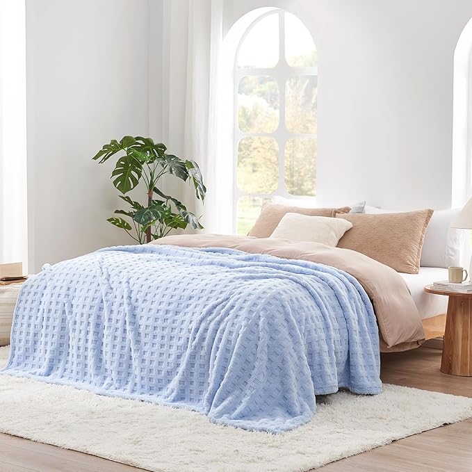 Cozy Bliss Ultrasoft Waffle Throw Blanket, Fluffy Cute Plush Blanket for Couch, Bed, Modern Home Accent, Portable for Picnic or Outdoor, Light Blue, 90"x90"