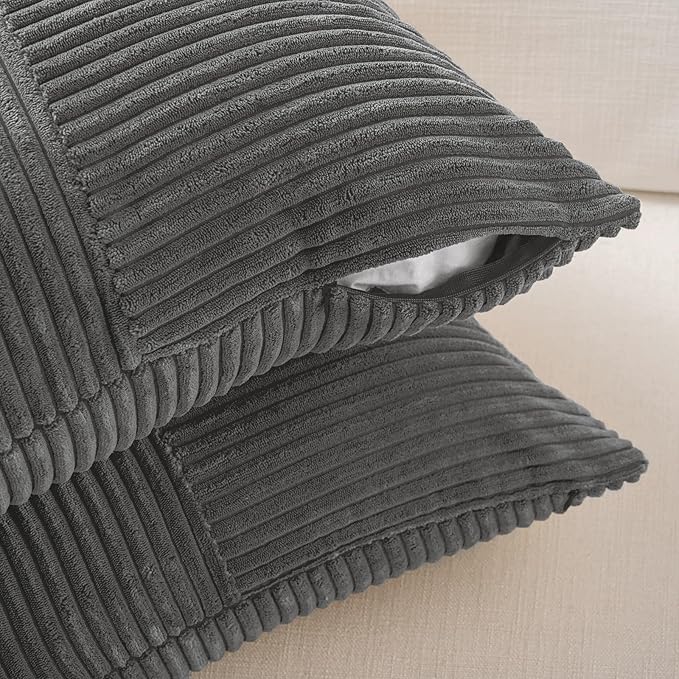 Fancy Homi 2 Packs Dark Gray Decorative Throw Pillow Covers 16x16 Inch for Living Room Couch Bed, Rustic Farmhouse Boho Home Decor, Soft Corss Patchwork Corduroy Textured Square Cushion Case 40x40 cm