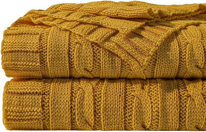 NTBAY 100% Pure Cotton Twin (60x80) Cable Knit Throw Blanket, Super Soft Warm Knitted Blanket for Bed, Sofa, Chair, Couch - Extra Cozy, Machine Washable, Comfortable Home Decor, Ginger Yellow