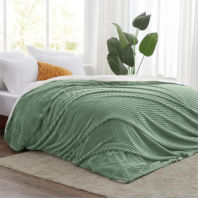 Sherpa Throw Blanket for Couch - Super Soft & Thick, Green Throw Blanket, Warm Blankets for Winter, Fluffy Blanket for Sofa Bed, Striped Fleece, Sage, 50"x60"
