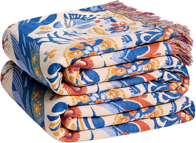 Boho Throw Blanket for Bed Cotton Spring Blankets Twin Size for Bedroom Living Room All Season Lightweight Floral Bird Embroidery Breathable Quilt for Couch Sofa Chair 60"x80" Home Decor
