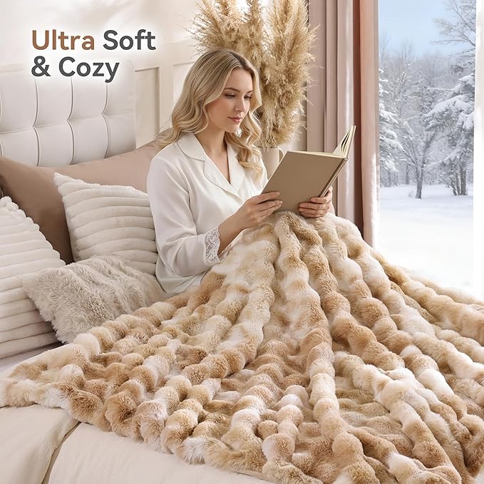 Smoofy Faux Fur Throw Blanket for Couch – Tie-dye Camel Fluffy Cozy Rabbit Fleece, Plush Soft Bubble Blanket for Sofa & Bed, for Mom, Warm Fuzzy Home Room Decor Throw 50" x 60"