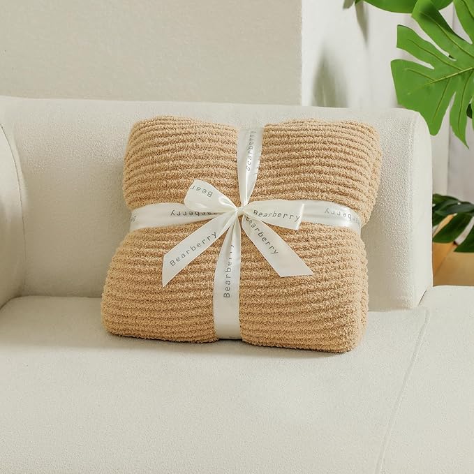 bearberry Soft Rib Knit Blanket Thin Warm & Breathable - Snuggly Minky Throw for Everyday Use, Travel, Chair | All-Season Machine Washable for Couches, Gifts, Family (Camel, 50”x60”)