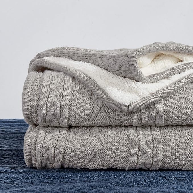 Longhui bedding Acrylic Cable Knit Sherpa Throw Blanket - Thick, Soft, Big, Cozy Light Grey Knitted Fleece Blankets for Couch, Sofa, Bed - Large 60 x 80 Inches Gray Coverlet All Season