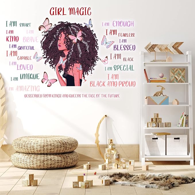 Black Girl Wall Decal Inspirational Quote Butterfly Sticker Motivational Saying American Wall Decor Sticker for Afro Woman Bedroom Playroom