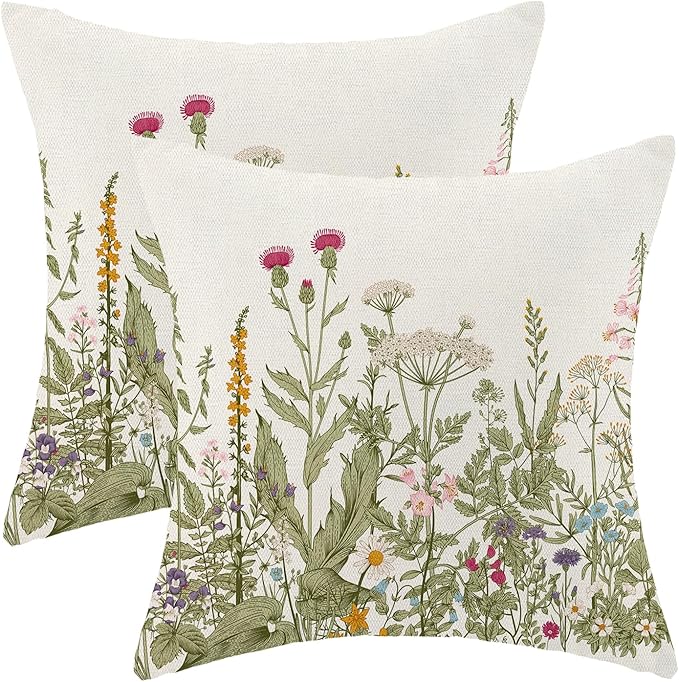 AEIOAE Sage Green Pillow Covers 20x20 Inch Set of 2, Spring Wildflower Plant Throw Pillows Case,Seasonal Floral Outdoor Decorative Flowers Farmhouse Decor Cushion Covers for Home Sofa Bed Couch