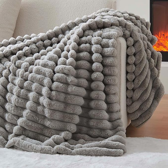Lotus Karen Faux Fur Throw Blanket - Stripe Faux Rabbit Fur Blanket for Couch, Cozy Soft Fluffy Fuzzy Blanket, Warm Thick Furry Plush Shaggy Small Blankets for Women, Light Gray,50x60 Inches