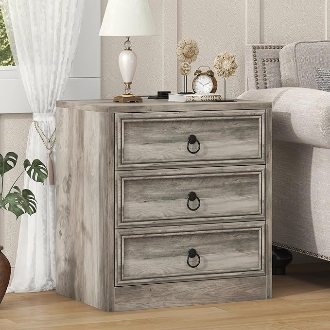 Farmhouse Nightstand with Charging Station, 21.7" Wide End Table with 3 Drawers, Grey Wood Side Table, Bedside Table for Bedroom, Living Room, Sofa