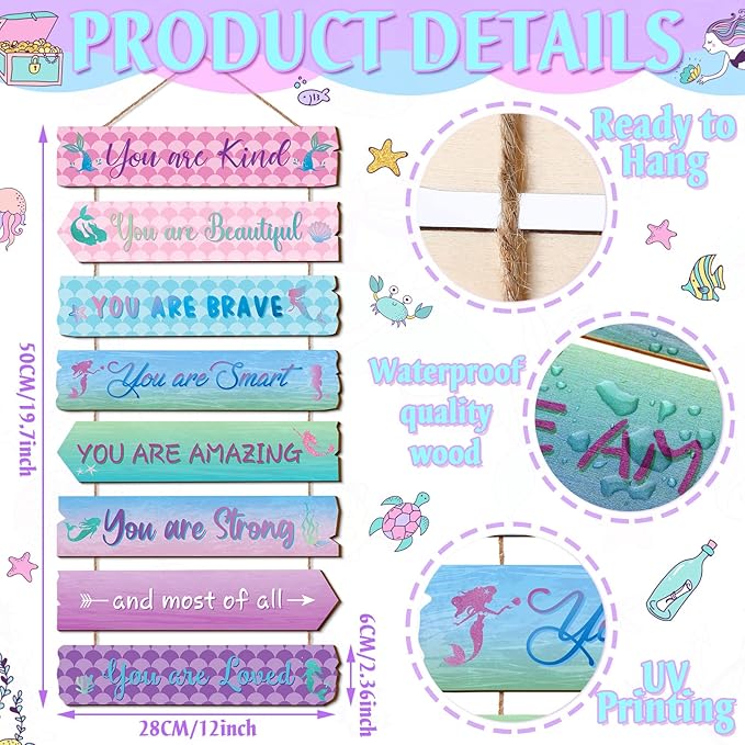 Inspirational Girl Room Decor Aesthetic Art Wall Hanging Sign Inspiring Colorful Rainbow Wooden Decoration for Kids Teens Toddler Boy Baby Bedroom Nursery Dorm Decor, 6-12 Years old (Mermaid)