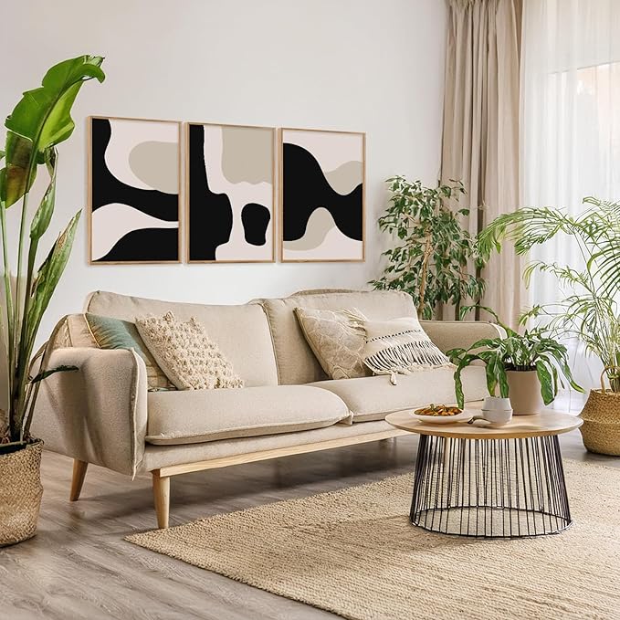 CHDITB Abstract Modern Framed Canvas Wall Art Set Of 3, Minimalist Wall Decor, Contemporary Artwork Prints, Neutral Black And Beige Abstract Line Paintings for Living Room Bedroom Decor (12X16 Inch)