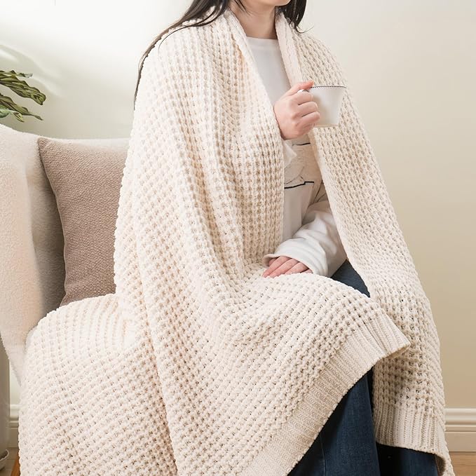 Bunnikins & Clover Cream White Throw Blanket for Couch, Waffle Ivory Throw Blanket for Bed, Warm Decorative White Blanket Throw for Home Decor, 60"x80"