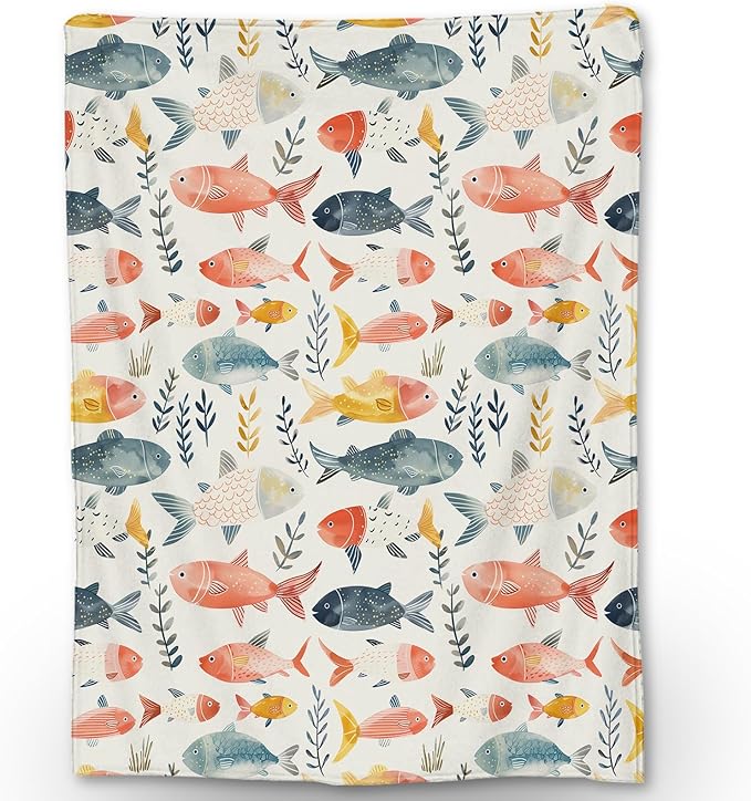 Watercolor Fish Blanket | Soft Warm Fuzzy Lightweight Flannel Throw Blanket Perfect for Couch, Bed, Decor, Travel & Outdoor Use, Cozy Blankets for Adults Kids Women Girls 60×50 in