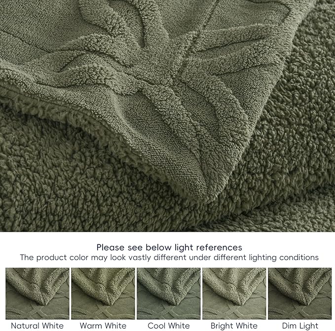 PHF Soft Sherpa Fleece Blanket Queen Size for Bed, 510GSM Fleece Lightweight Yet Warm Blanket, No Shed No Pilling, 90" x 90", Tufted Jacquard Cozy Thick Bed Throw for Home Decor Christmas, Dark Olive