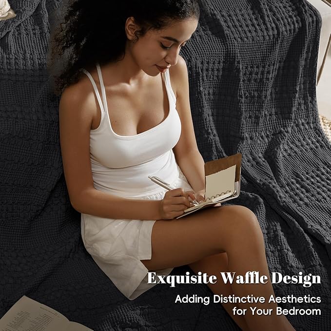 PHF 100% Cotton Waffle Weave Blanket Twin Size for Bed, Soft Lightweight & Breathable for Spring and Summer, All-Season Comfort, Luxury Aesthetic Blanket for Home Decor, 66"x90", Black