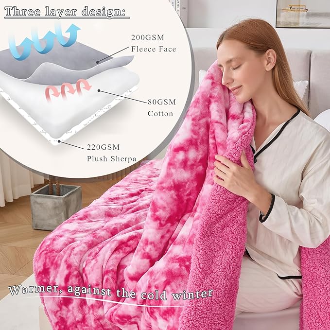 CHOSHOME Sherpa Fleece Blanket- Thick Warm Blanket for Winter, Soft Fuzzy Plush Blanket for Bed, Couch, Travel (Tie Dye Pink, King 90" x 108")