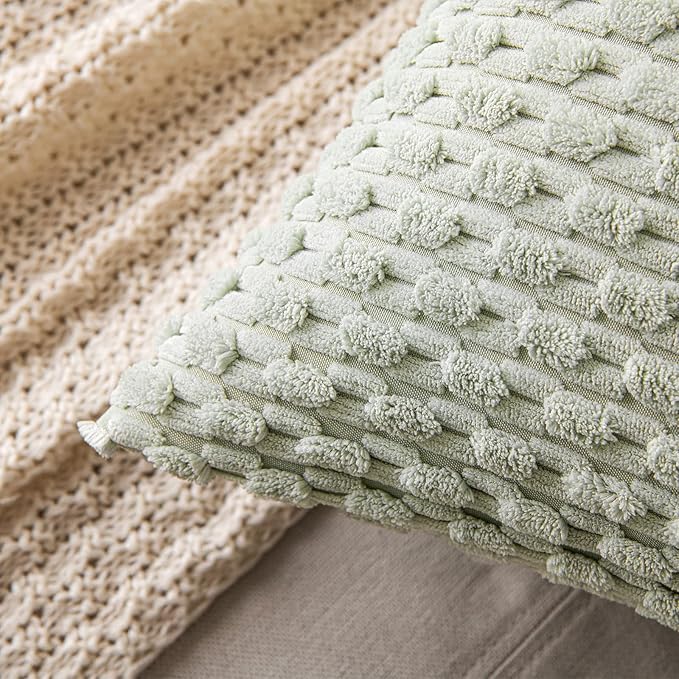 MIULEE Pack of 2 Decorative Throw Pillow Covers 20x20 Inch Soft Boho Striped Textured Corduroy Pillow Covers Modern Farmhouse Home Decor for Couch Bed Sofa Living Room Light Green