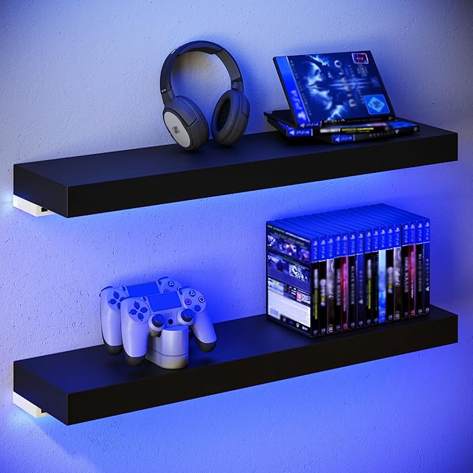 BAMEOS Floating Shelves with LED for Wall, Sturdy Shelves with RGB Light, Wall Mounted Display Shelves, Set of 2, Hanging Shelf for Bathroom, Bedroom, Kitchen, Living Room Storage, Black