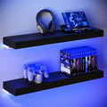 BAMEOS Floating Shelves with LED for Wall, Sturdy Shelves with RGB Light, Wall Mounted Display Shelves, Set of 2, Hanging Shelf for Bathroom, Bedroom, Kitchen, Living Room Storage, Black