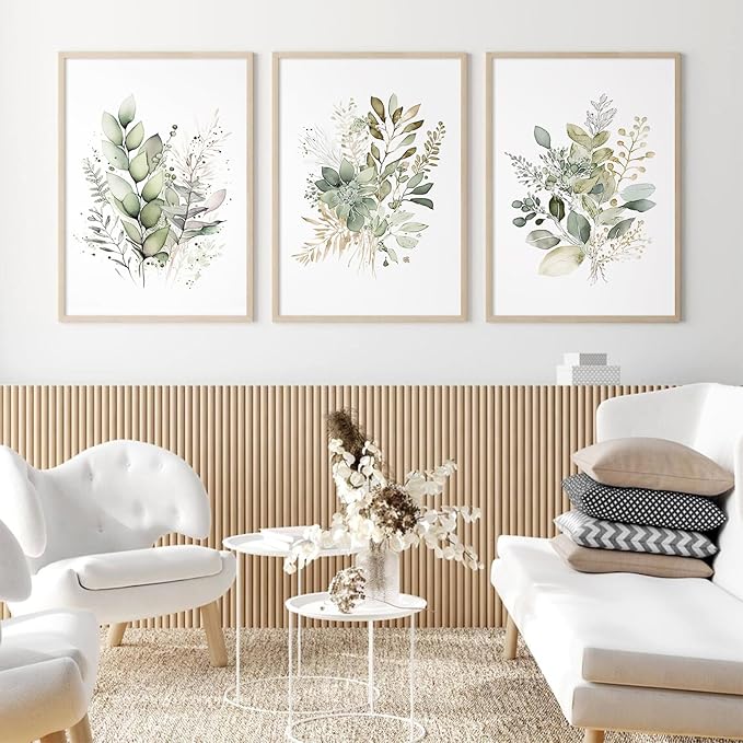 Joocrise Watercolor Botanical Wall Art Set of 3 Boho Floral Canvas Wall Decor Prints Sage Green Wildflower Wall Art Modern Flower Pictures Botanical Painting for Bedroom Bathroom 24x36 Inch Unframed