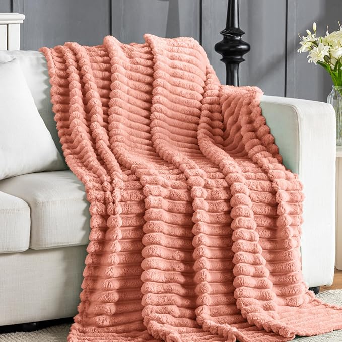 Wider Striped 380gsm Thick Large King Blanket for Couch Super Soft Cozy Blankets for Women Big Fuzzy Fleece Pink Blanket for Bed Sofa 90x104