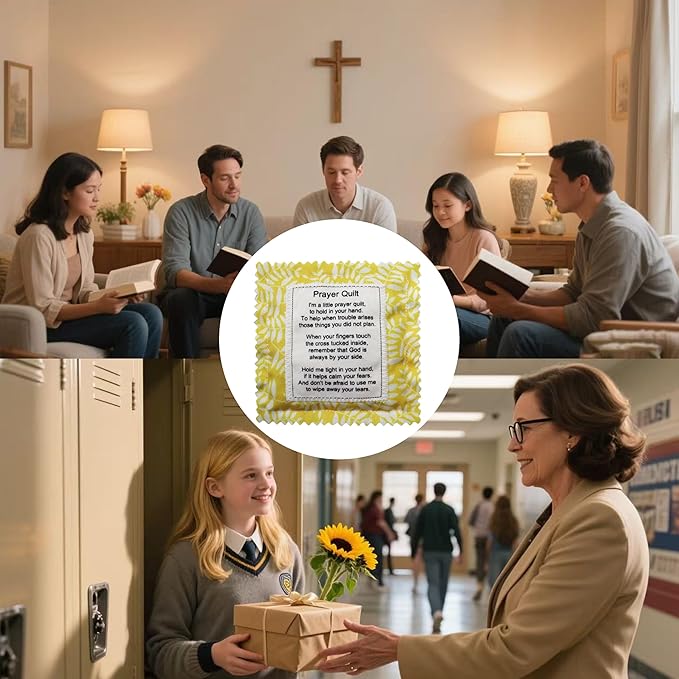 Mini Prayer Quilt with Cross Inside Vintage Pocket Scripture Prayer Quilt Squares Sympathy Christian Gifts for Women Pastor Appreciation Father's Day Graduates Gifts (Yellow)