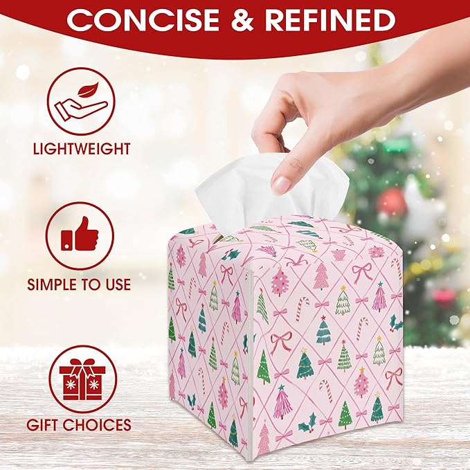 Pink Christmas Trees and Bow Tissue Box Cover Holder, Christmas Tissue Box Cover Square, Xmas Gift Ideas for Family Friends, Bathroom Kitchen Car Office Home Table Decor(5.2 Inches)-B11