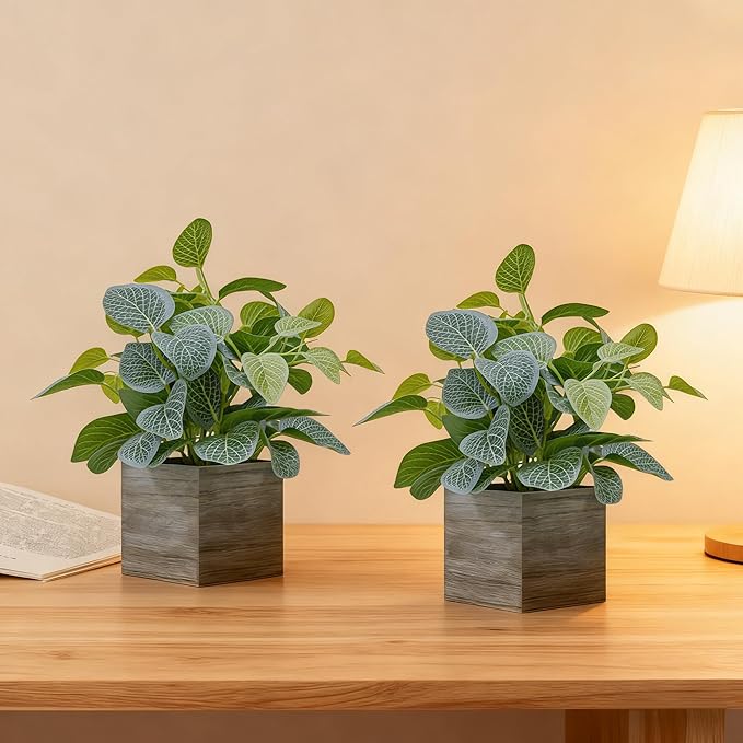 2 Pack Medium Fake Plants with 4 Inch Wooden Planters, 12" Tall Indoor Artificial Plants for Shelves, Desktop, Bedroom, Office Decor