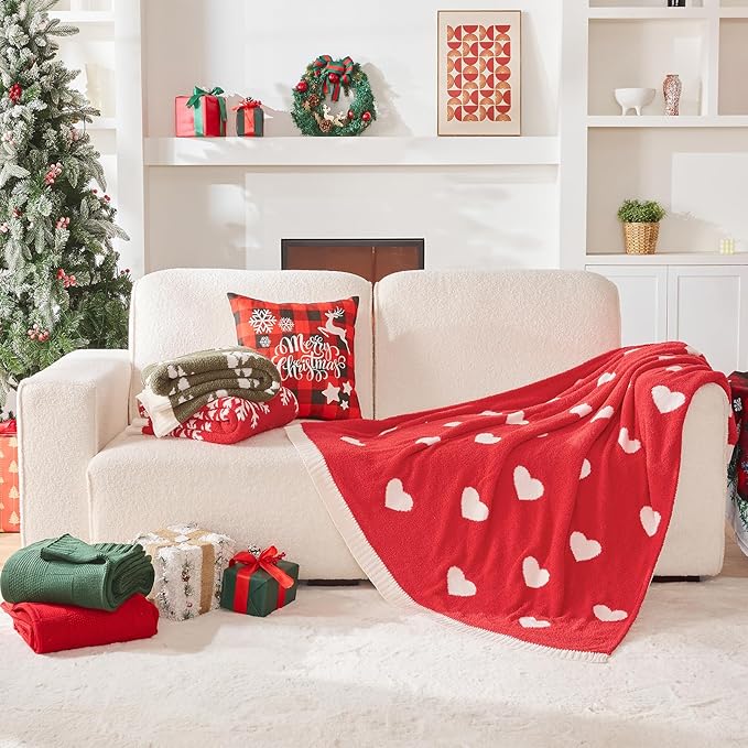 CozeCube Valentine's Day Love Heart Throw Blanket, Super Soft Romantic Fullfy Microfiber, Reversible Featival Blankets for Couch Bed Sofa, Warm Knit Christmas Decorative Gift Blankets, Red 60"X80"
