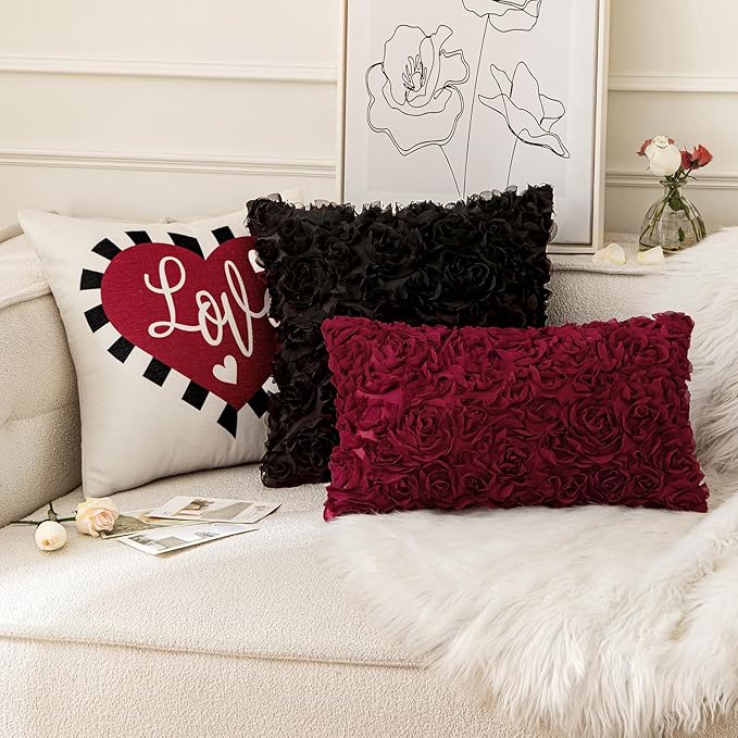 MIULEE 3D Rose Flower Pillow Cover Decorative Spring Floral Romantic Stereo Chiffon Aesthetic Solid Pillowcase for Girl Bedroom Living Room Decor 12x20 Inch Wine Red
