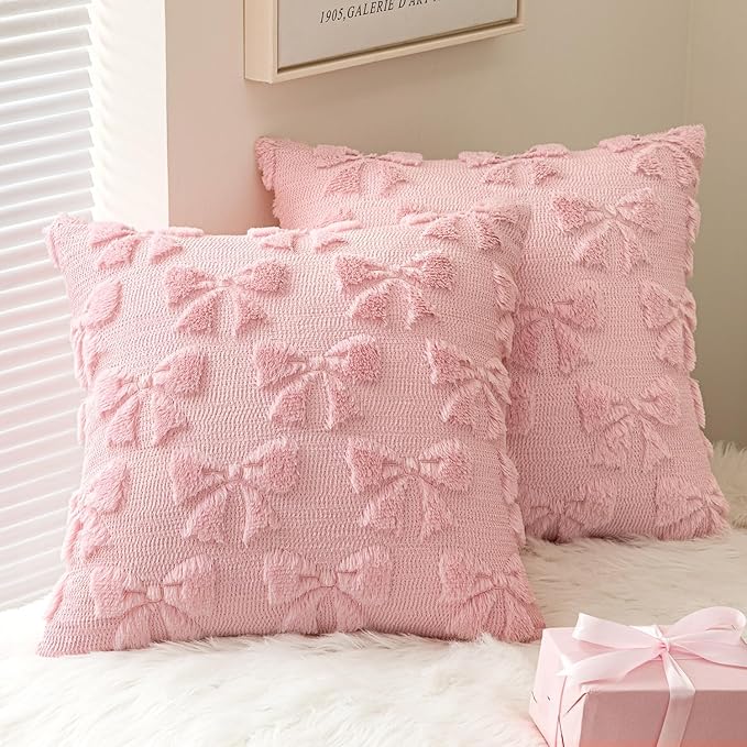 MIULEE Pink Bow Pillow Covers Coquette Room Decor Aesthetic Set of 2 Spring Decorative Cute Girl Soft Plush Faux Pillowcase for Preppy Room Decor Bedroom Couch,16x16 Inch