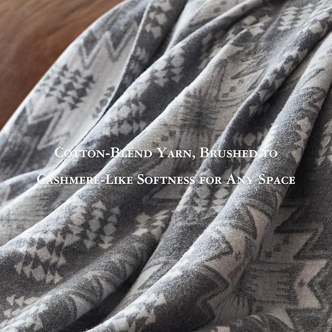 Woolrich Cotton Blend Jacquard Blanket with Whipstitch Edge, Lightweight All-Season Bed Blanket, Machine Washable, Oeko-TEX Certified, Grey Aztec, King