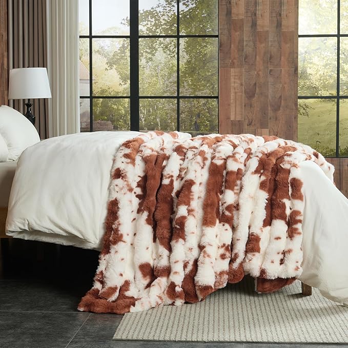 Lotus Karen Faux Fur Throw Blanket Cow Print-Light Brown, Fluffy Fuzzy Plush Bubble Blanket for Couch, 90x90 InchesCozy Shaggy Rabbit Blanket, Luxury Decorative Gifts for Sofa Bedroom Living Room.