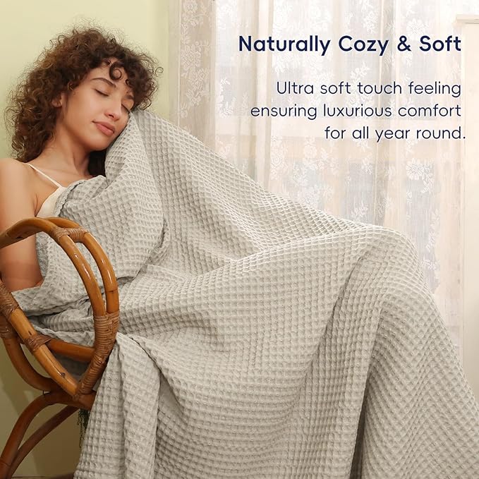 PHF Ultra Soft Waffle Weave Blanket Queen Size 90"x 90"- Washed Lightweight Breathable Cozy Woven Blanket for Bed - Aesthetic Decor for Couch Bedding Sofa Home Car - Light Khaki/Linen