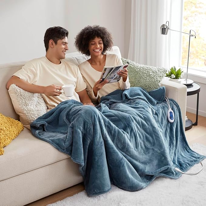 Beautyrest Heated Blanket, Electric Throw Blanket, Soft, Warm, Reversible Plush - Sherpa Heating Blanket Throw, 3 Heat Settings, 2 hr Auto Shut Off, Machine Washable, Oversized 60 in x 70 in, Blue