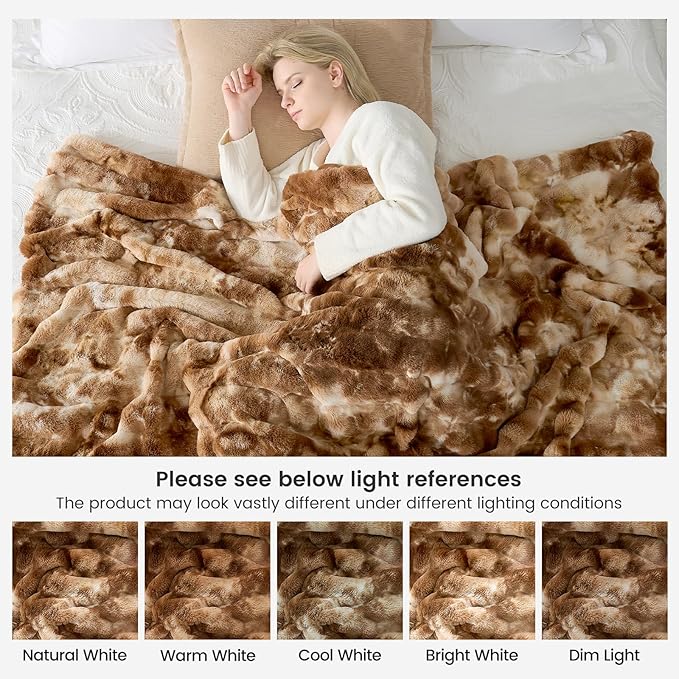 Cozy Bliss Deluxe Striped Rabbit Faux Fur Throw Blanket, Soft Fluffy Warm Plush Blanket for Winter, Modern Homr Decor, Tie-dye Brown 60"x80"