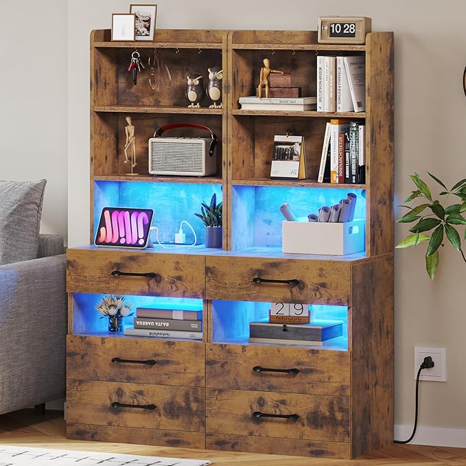 VIAGDO Tall Nightstand Set of 2 with Charging Station and LED Lights, Rustic Brown Night Stand Set 2 with Bookshelf, Modern LED Bedside Tables with 3 Drawers and Storage Shelves, Side Tables Bedroom