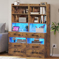 VIAGDO Tall Nightstand Set of 2 with Charging Station and LED Lights, Rustic Brown Night Stand Set 2 with Bookshelf, Modern LED Bedside Tables with 3 Drawers and Storage Shelves, Side Tables Bedroom