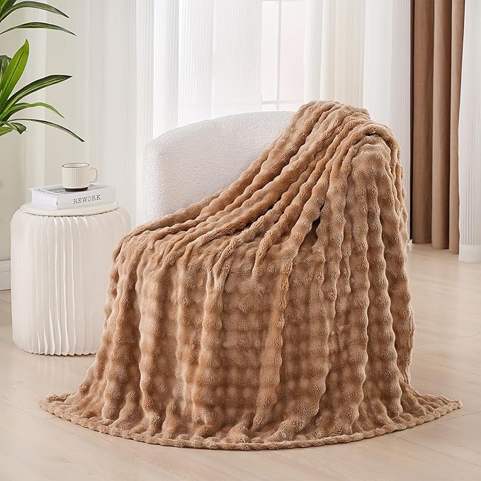 3D Bubble Plush Blanket Textured Fleece Throw Soft Warm Cozy Blanket Couch Bed Throw Brown 50x60 Inches