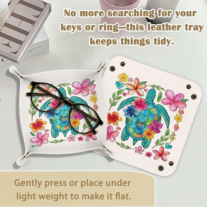 Sea Turtle Gifts Jewelry Valet Tray for Women, Coastal Sea Turtle Floral PU Leather Catchall Beside Caddy Nightstand Organizer Tray for Jewelry Rings Watches Keys and Accessories, 7.87x7.87in