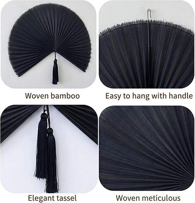 Chicvillage Bamboo Wall Fan Decor - 47” Handmade Woven Bamboo Wall Hanging Fan, Large Japanese Fan Wall Decor for Above Bed, Boho Natural Asian Wall Art, Lightweight & Easy to Hang (Black)
