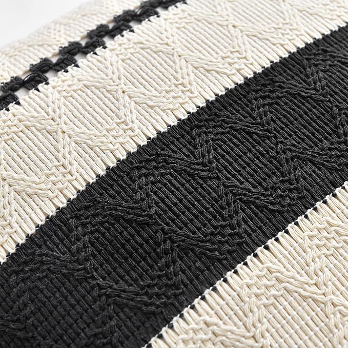 Fancy Homi Set of 2 Boho Black Big Decorative Throw Pillow Cover 24x24 Inch for Couch Bed Bedroom, Aesthetic Modern Organic Farmhouse Room Decor, Soft Cotton Accent Macrame Woven Cushion Case